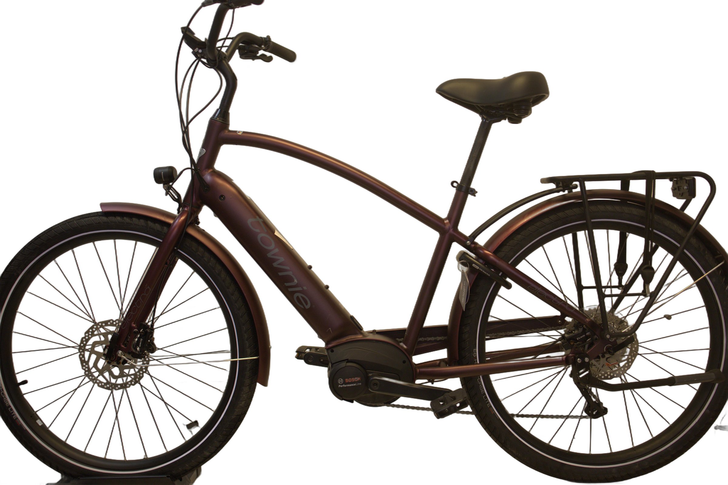 Mørk lilla Electra Townie Path Go! 10D EQ fra siden.