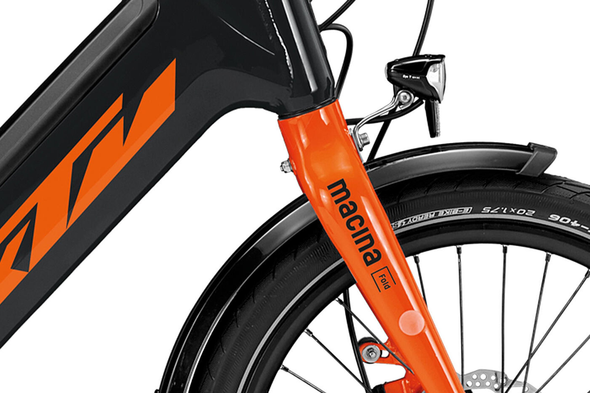 Svart og oransje KTM MACINA FOLD detalj av framgaffel.