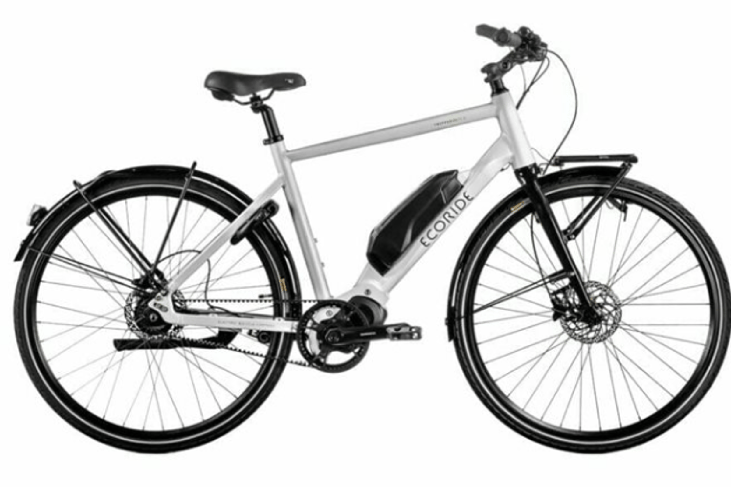 Lys grå Ecoride Tripper DLX elsykkel fra siden med beltedrift.