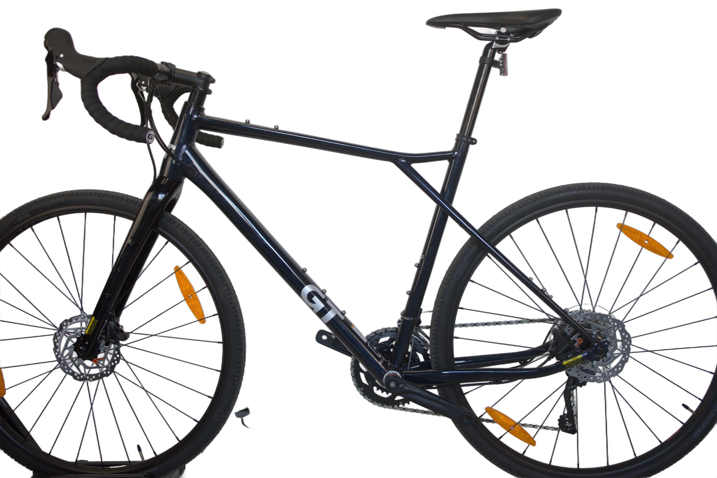 Mørkeblå GT Grade Comp fra siden, med skivebremser og lett ramme.