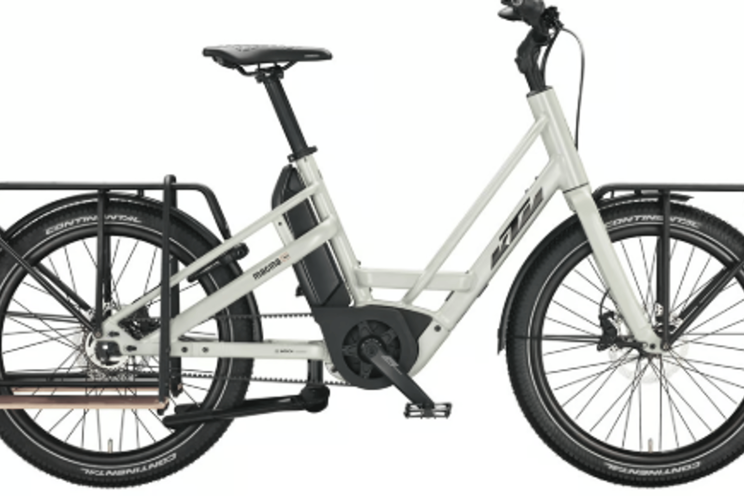 Lys grå KTM MACINA MULTI URBAN med bagasjebrett bak.