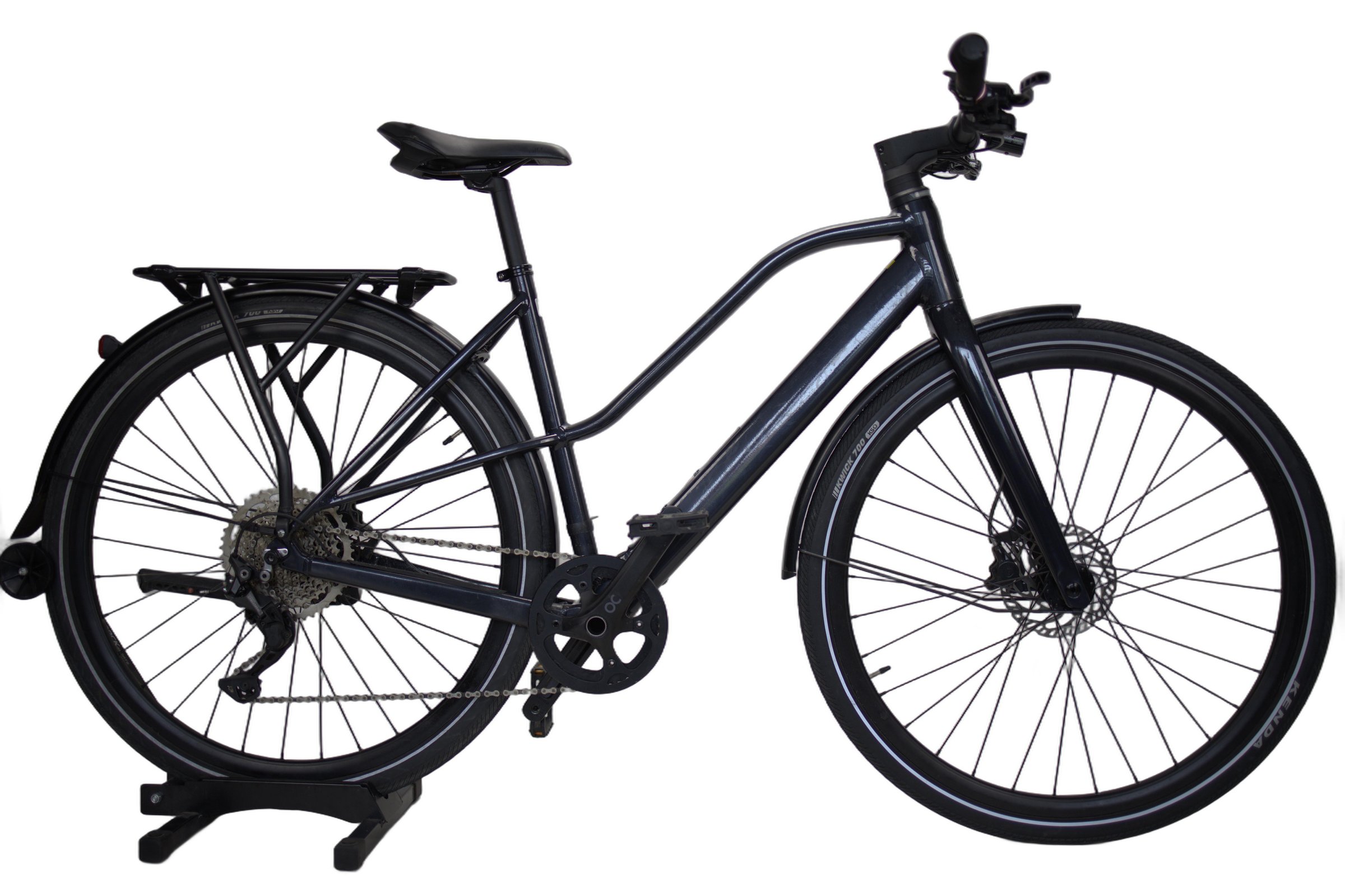 Grå Orbea VIBE H30 fra siden med bagasjebærer.