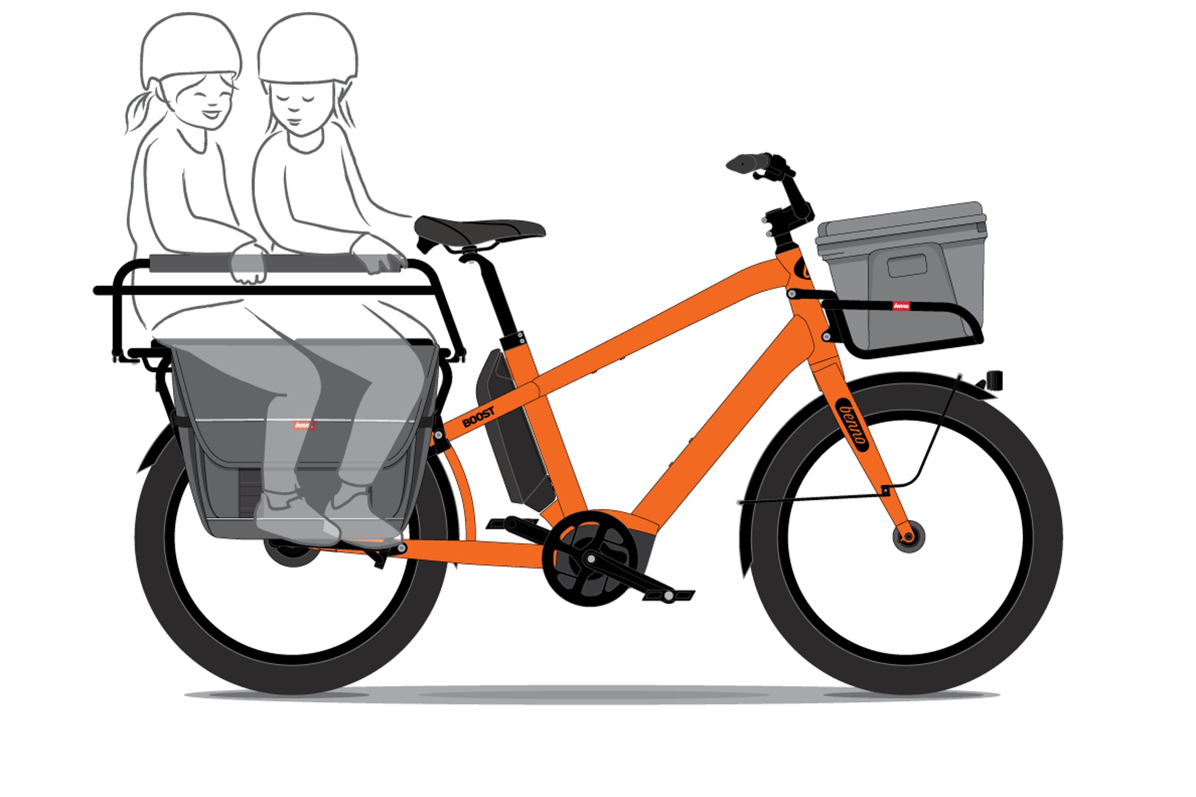 Oransje Benno Boost 10D CX500 fra siden med to barn på sykkelsete.