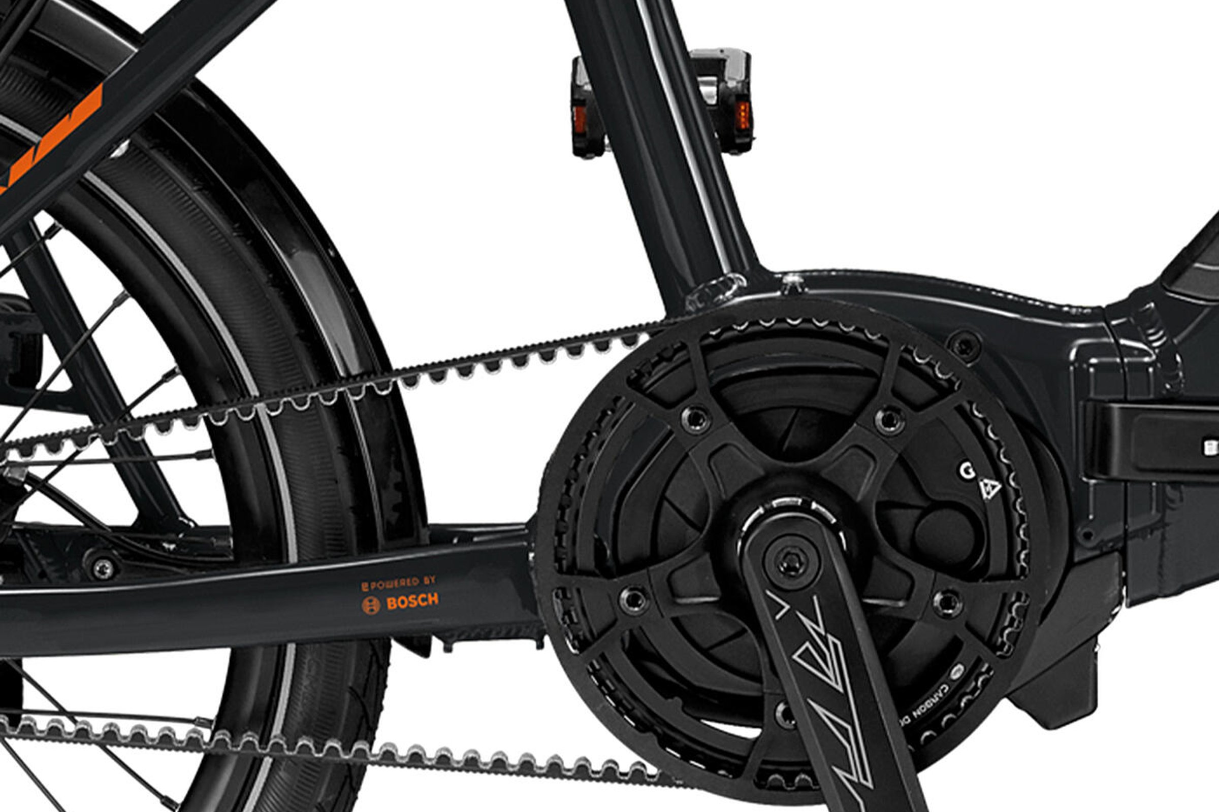 Svart KTM MACINA FOLD 20" med fokus på drivverket.