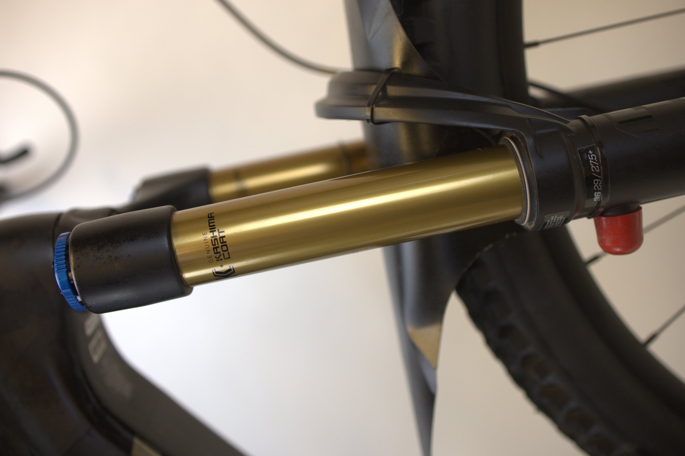 Svart Orbea RISE M10 forgaffel med gullfargede dempere.