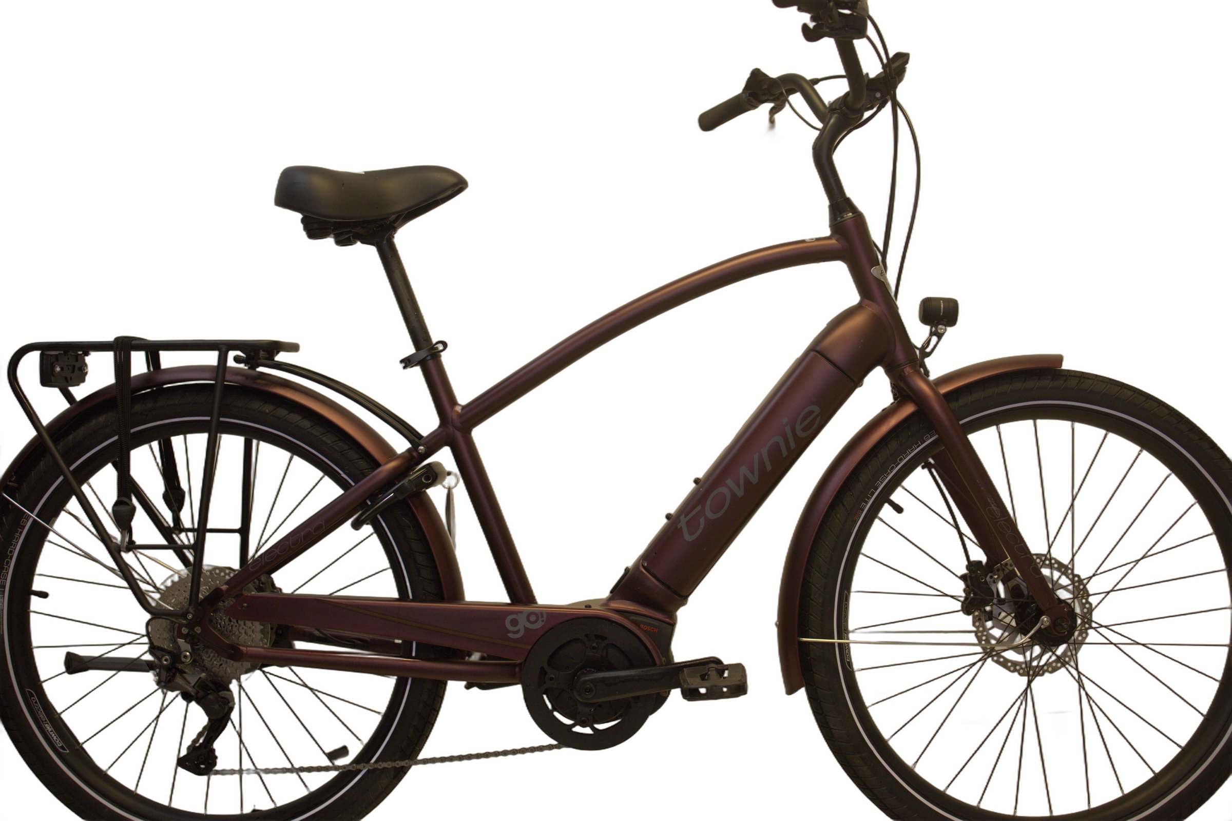 Burgunder Electra Townie Path Go! elsykkel fra siden.