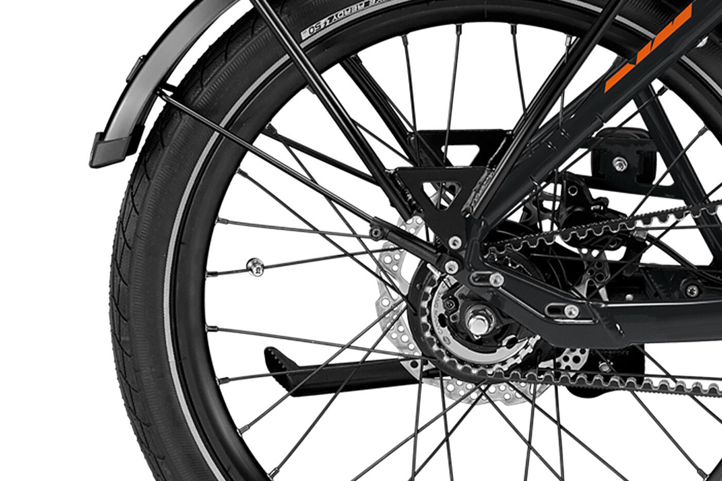Svart KTM MACINA FOLD bakhjul og ramme med bagasjebærer.