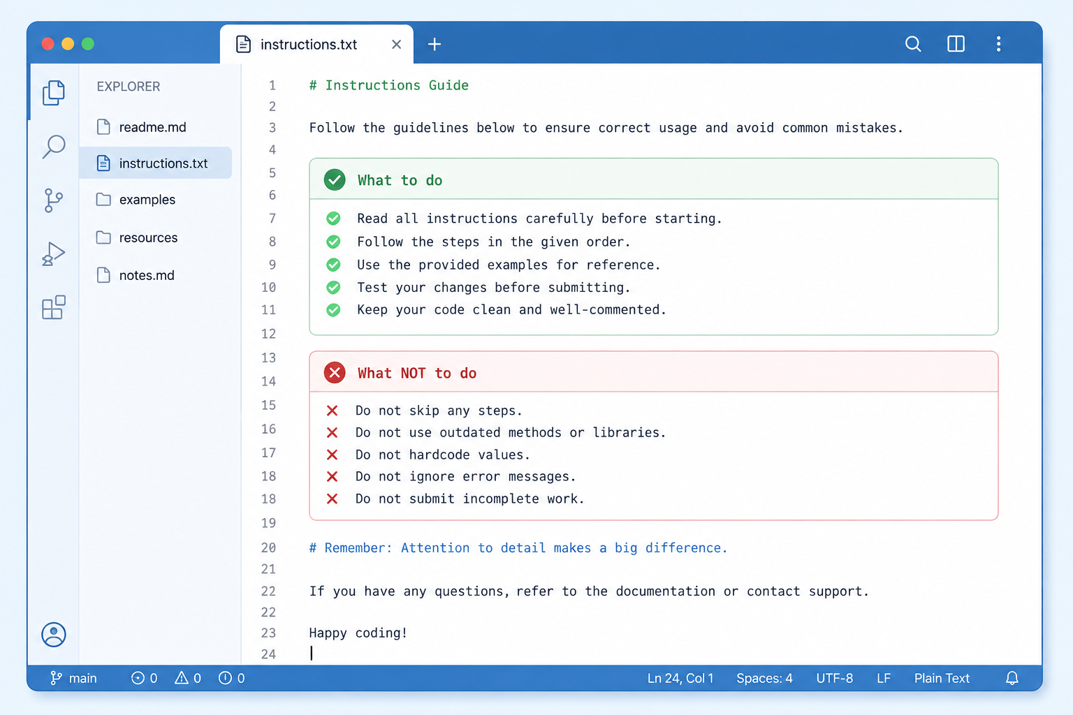 "Writing Claude project instructions with specific do and don't rules in a workspace editor"