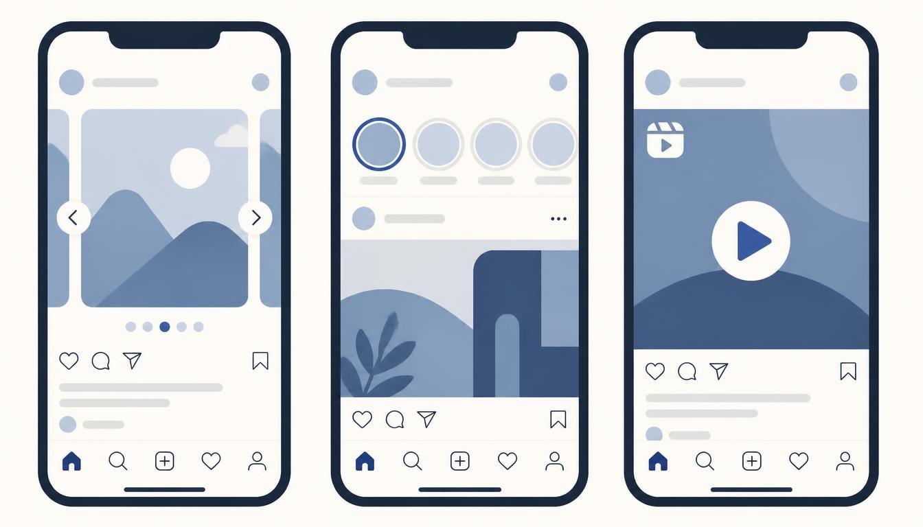 Illustration comparing an Instagram carousel post to Stories and Reels formats
