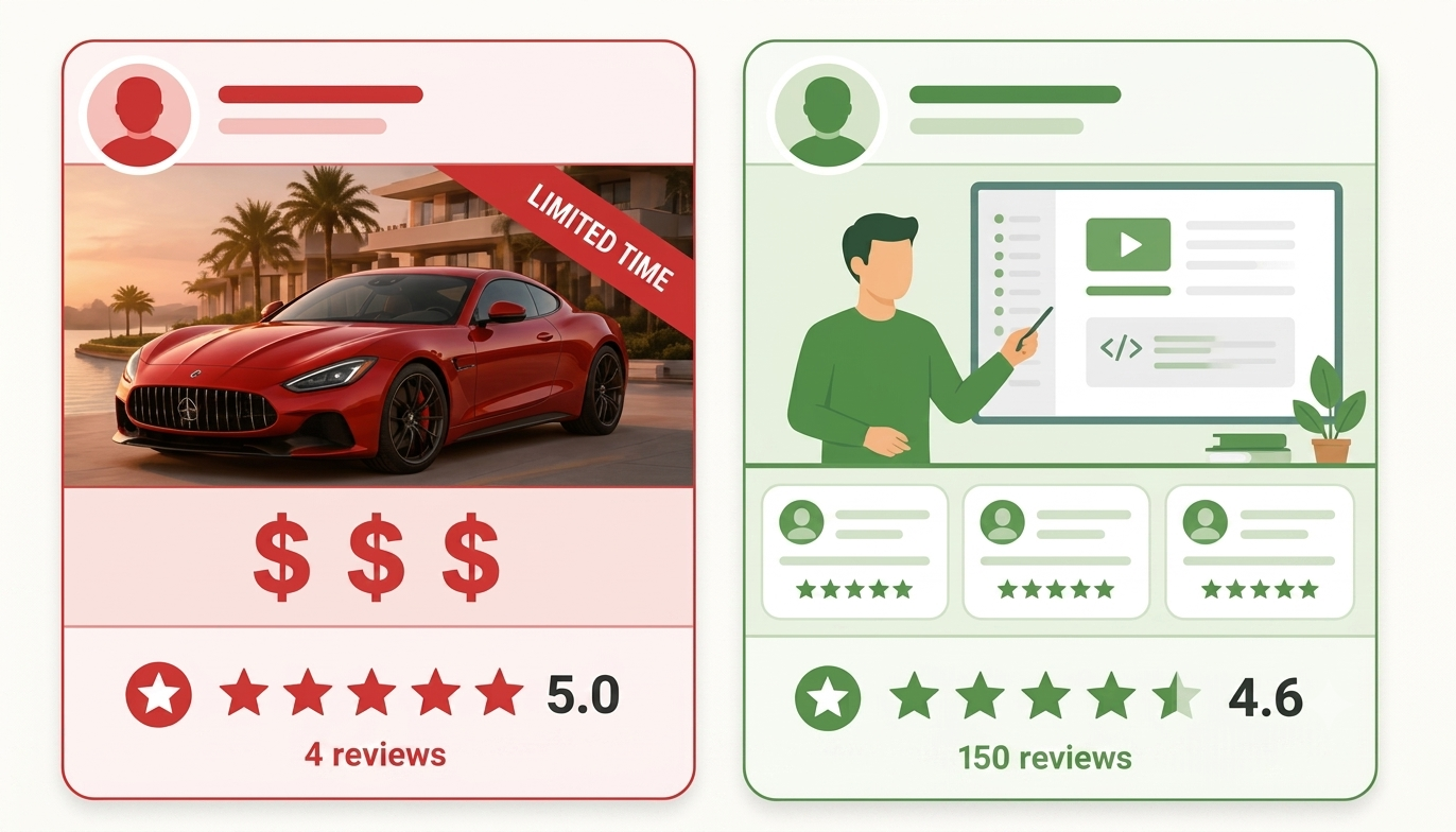 Comparison between fake guru marketing tactics and legitimate course creator profile indicators