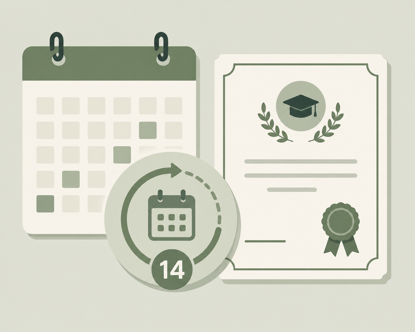 "Illustration showing a 14-day refund countdown next to a course certificate, representing Coursera and edX refund policies"