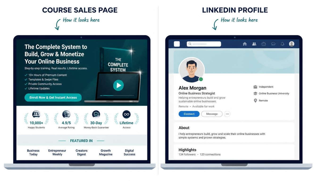 Comparison showing how to check course creator credentials by looking past a polished sales page to an independent profile