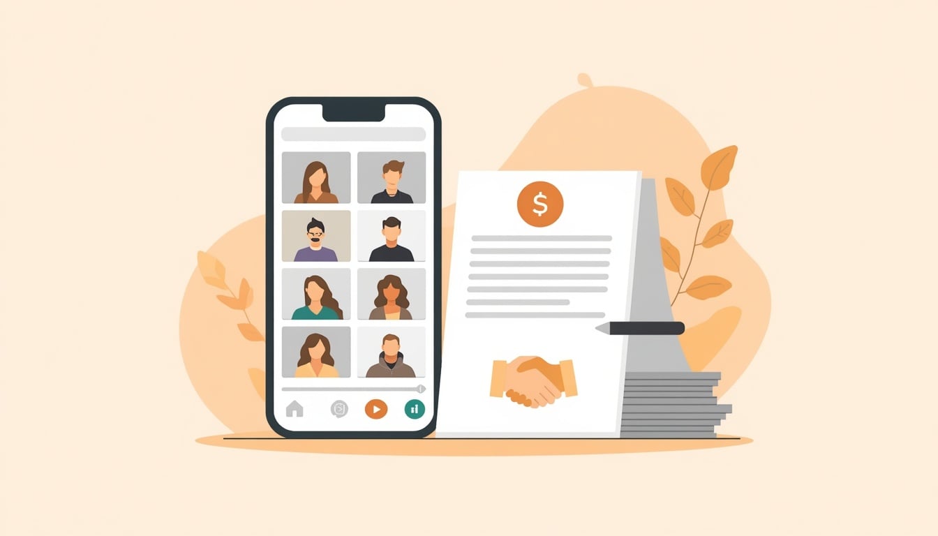 Illustration representing a UGC and brand deals course for social media marketing, showing video content and a partnership agreement.