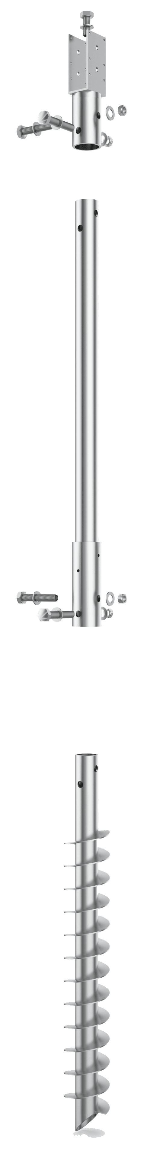 Diagram illustrating the components of an adjustable ground screw foundation system: the helical screw base (bottom), a cylindrical extension shaft (middle), and a top mounting bracket (top).