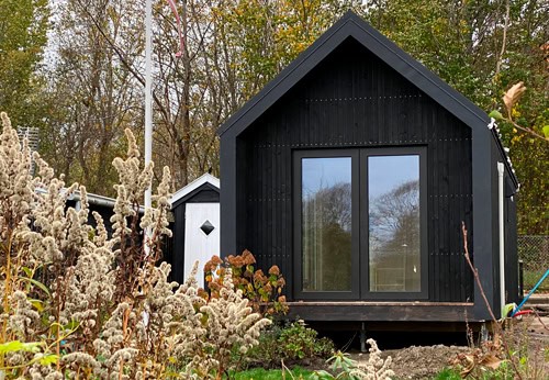 Minimalist black cabin with a steep gable roof and reflective glass doors, situated in a natural setting dominated by dried grasses and trees.