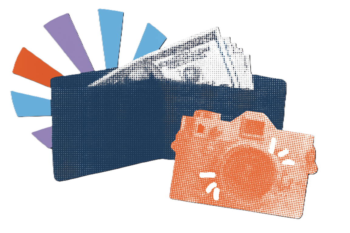 Blue Dot Tours group leader rewards illustration showing a wallet, travel camera, and colorful rays — symbolizing cash rewards and travel incentives earned for leading educational tours.