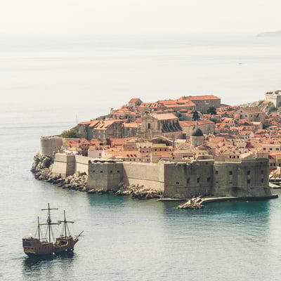 Fortified stone walls and red rooftops of Dubrovnik's Old Town, Croatia