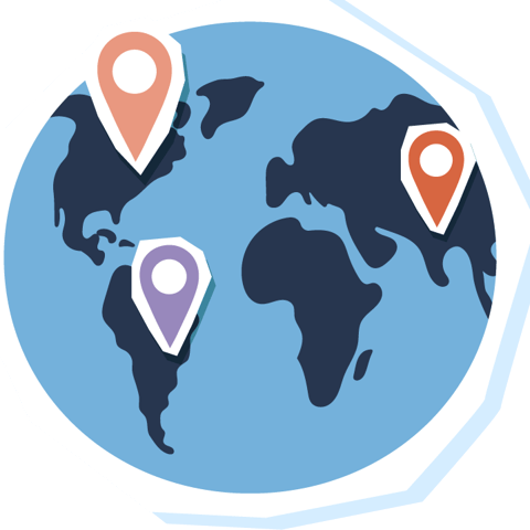 Stylized map of the world with location pins highlighting global presence, representing the diverse team supporting each Blue Dot tour, including group leaders, directors, guides, consultants, and support staff.
