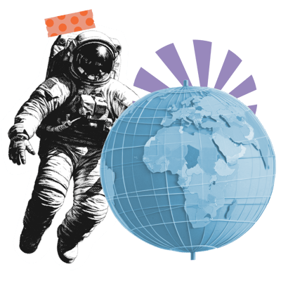 Illustration of an astronaut floating beside a globe, symbolizing Blue Dot’s guided process for planning international student tours.
