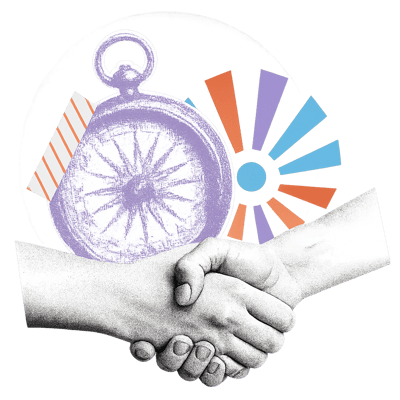 Illustration of a handshake in front of a compass and radial design, representing collaboration and clearly communicating preferences when planning a Blue Dot tour.