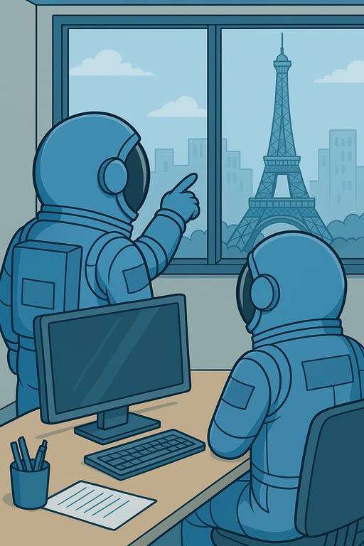 Two dot-stronauts in an office, viewed from behind, looking out a window at the Eiffel Tower on a clear day, with one of them pointing toward the landmark.