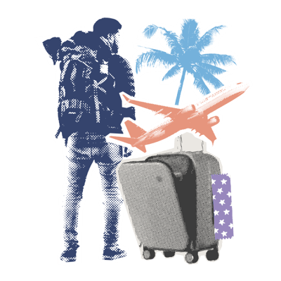 Illustration of a traveler with suitcases, airplane, and palm tree, representing the many ways Blue Dot rewards points can be redeemed for travel, cash, or educational impact.