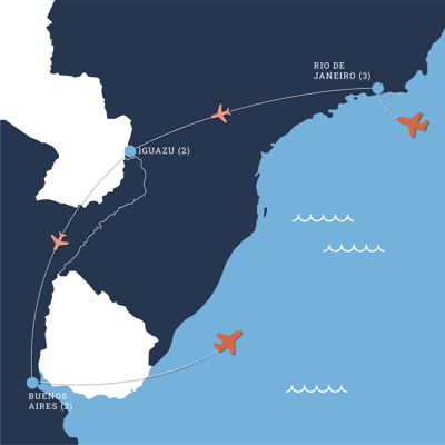 Map of a tour to Brazil and Argentina spending three nights in Rio de Janeiro, two nights in Iguaçu Falls and two nights in Buenos Aires