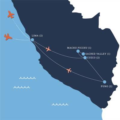Map of Peru: Journey Through the Andes tour spending two nights in Lima, Peru, two nights in Cuzco, Peru, one night in Sacred Valley, Peru, one night in Machu Pichu, Peru, two nights in Puno, Peru