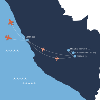 Map of Peru: From Lima to Machu Picchu tour spending two nights in Lima, Peru, three nights in Cuzco, Peru, one night in Sacred Valley, Peru, one night in Machu Pichu, Peru