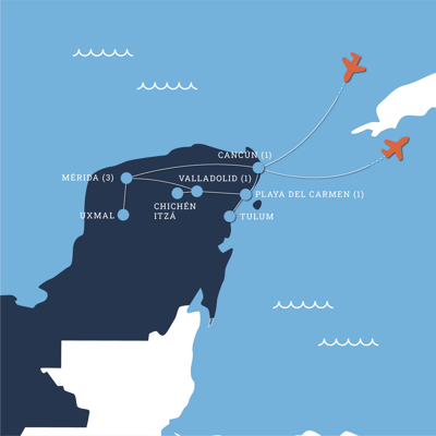 Map of The Yucatan tour with one night in Cancun, two nights in Merida, one night in Valladolid and two nights in Playa del Carmen 