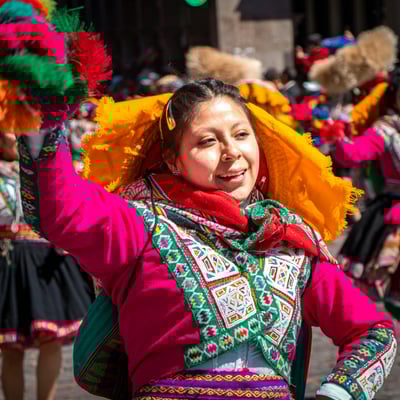 Colorful traditional Peruvian dancer mid-performance