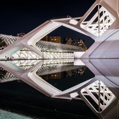 City of Arts and Sciences lit up at night in Valencia, Spain