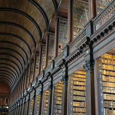 Interior view of the historic Trinity College Library in Dublin