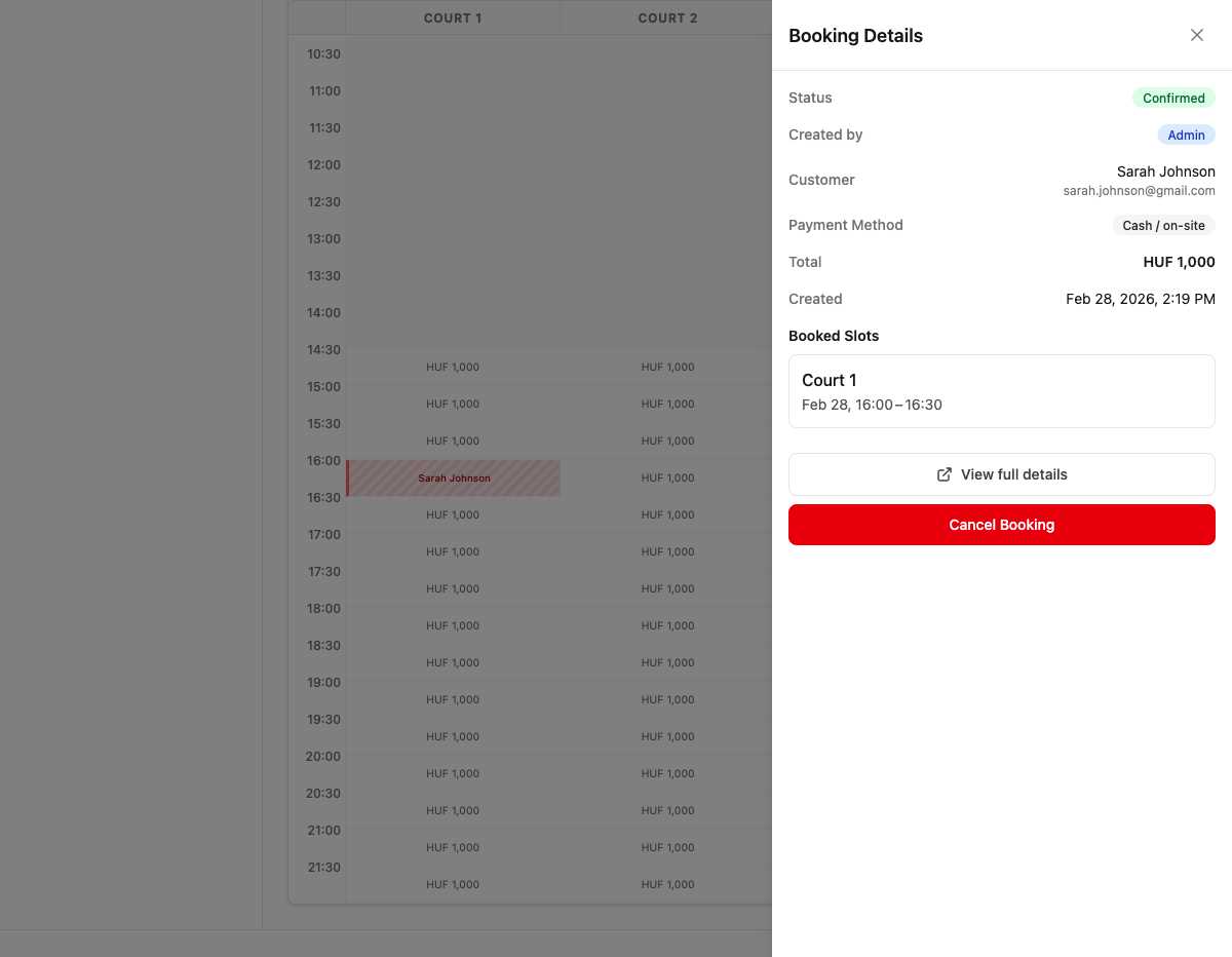 Booking detail slide-over panel showing customer info and actions