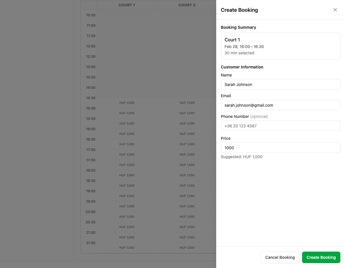 Admin booking creation dialog with customer info and pricing summary