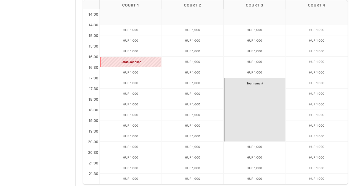 Calendar showing a named Tournament block spanning multiple hours on Court 3