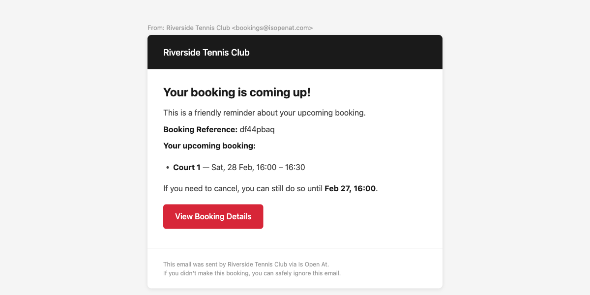 Example reminder email as received by a customer