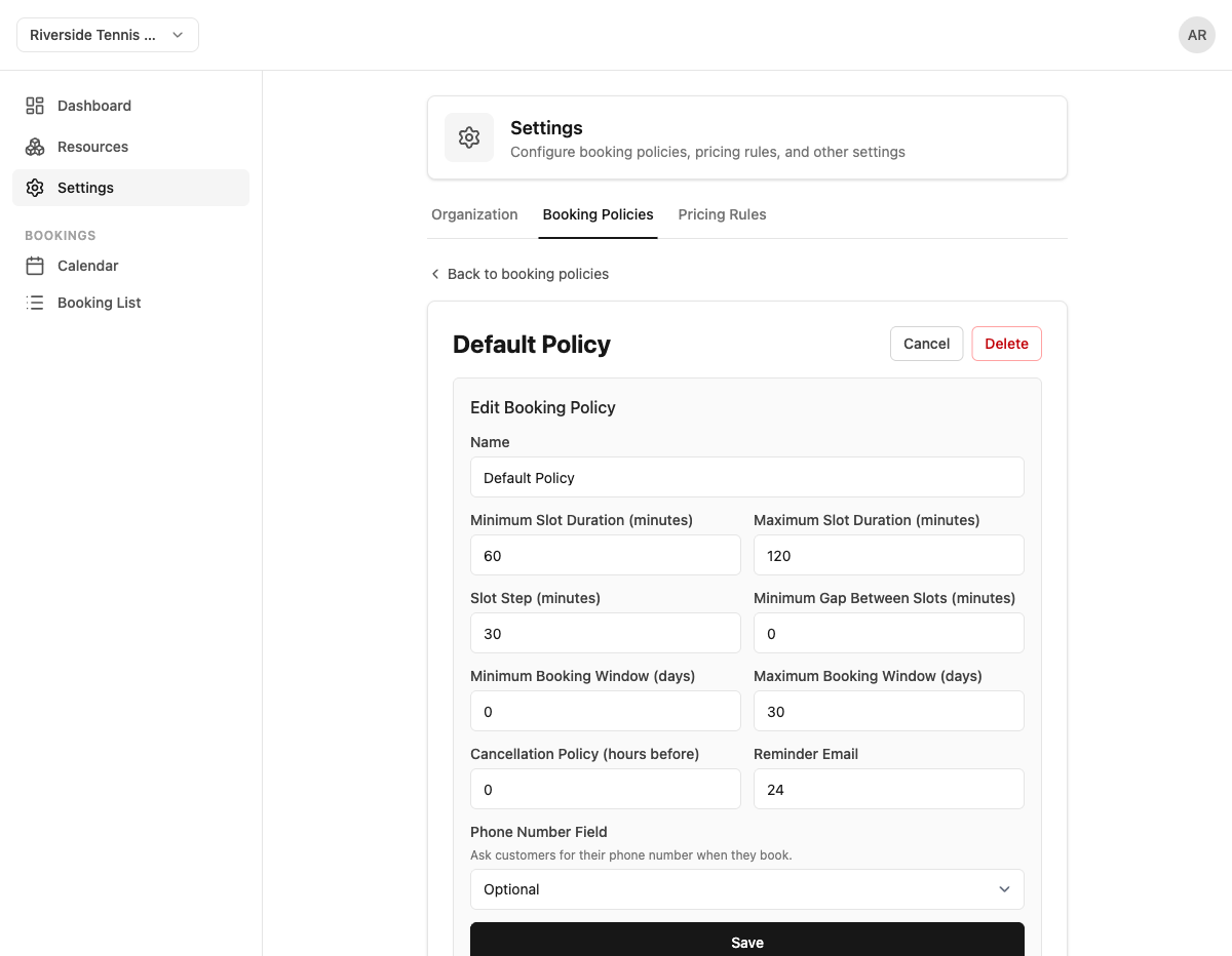 Booking policy editor showing the reminder timing configuration