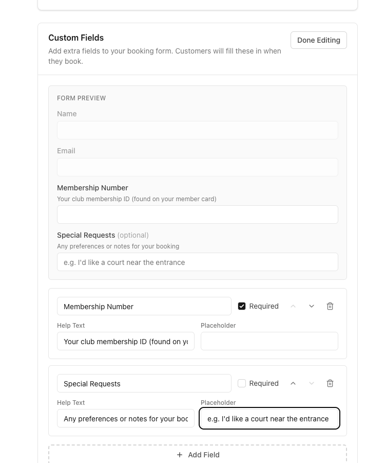 Custom fields editor showing a form preview with Membership Number (required) and Special Requests (optional) fields, along with field configuration controls for labels, help text, placeholders, and reordering