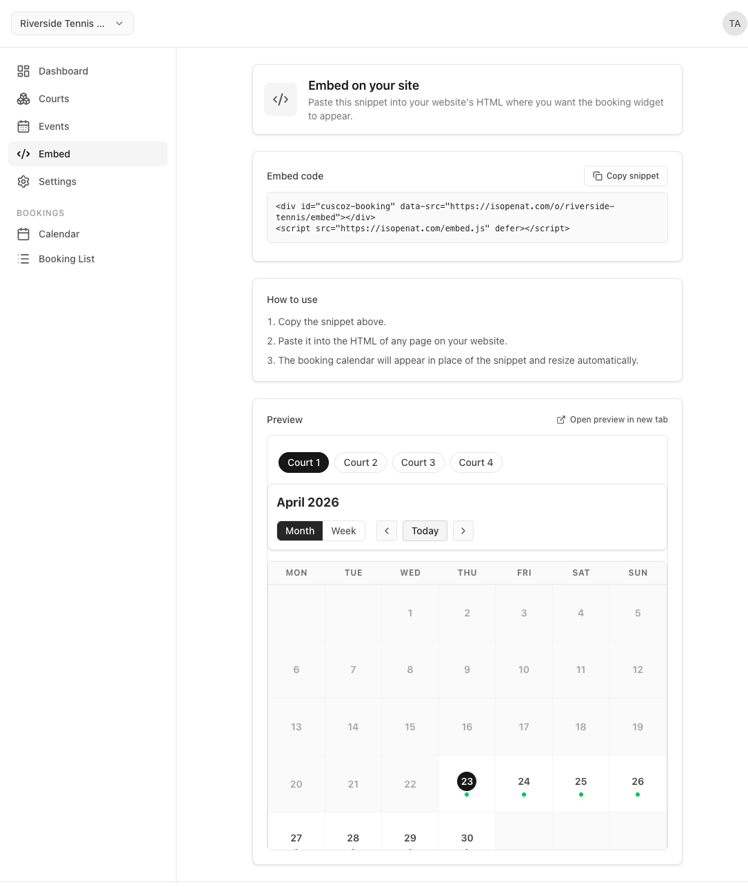 Admin embed page showing the embed code snippet, step-by-step usage instructions, and a live preview of the booking calendar with Court 1 to 4 tabs and a monthly calendar view