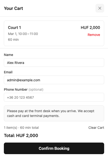 Customer checkout showing manual payment instructions