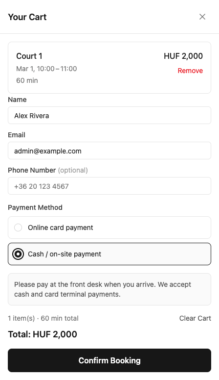 Customer checkout with payment method selector showing card and cash options
