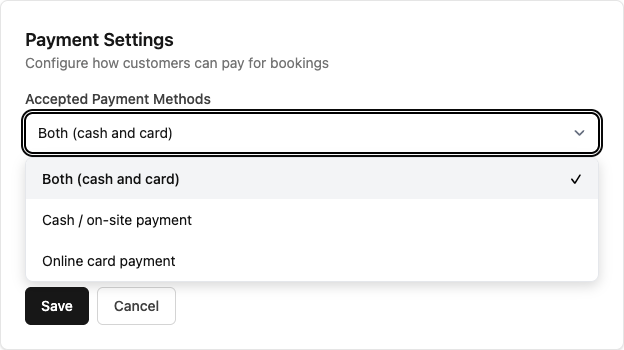 Payment settings in organization admin showing the three payment mode options