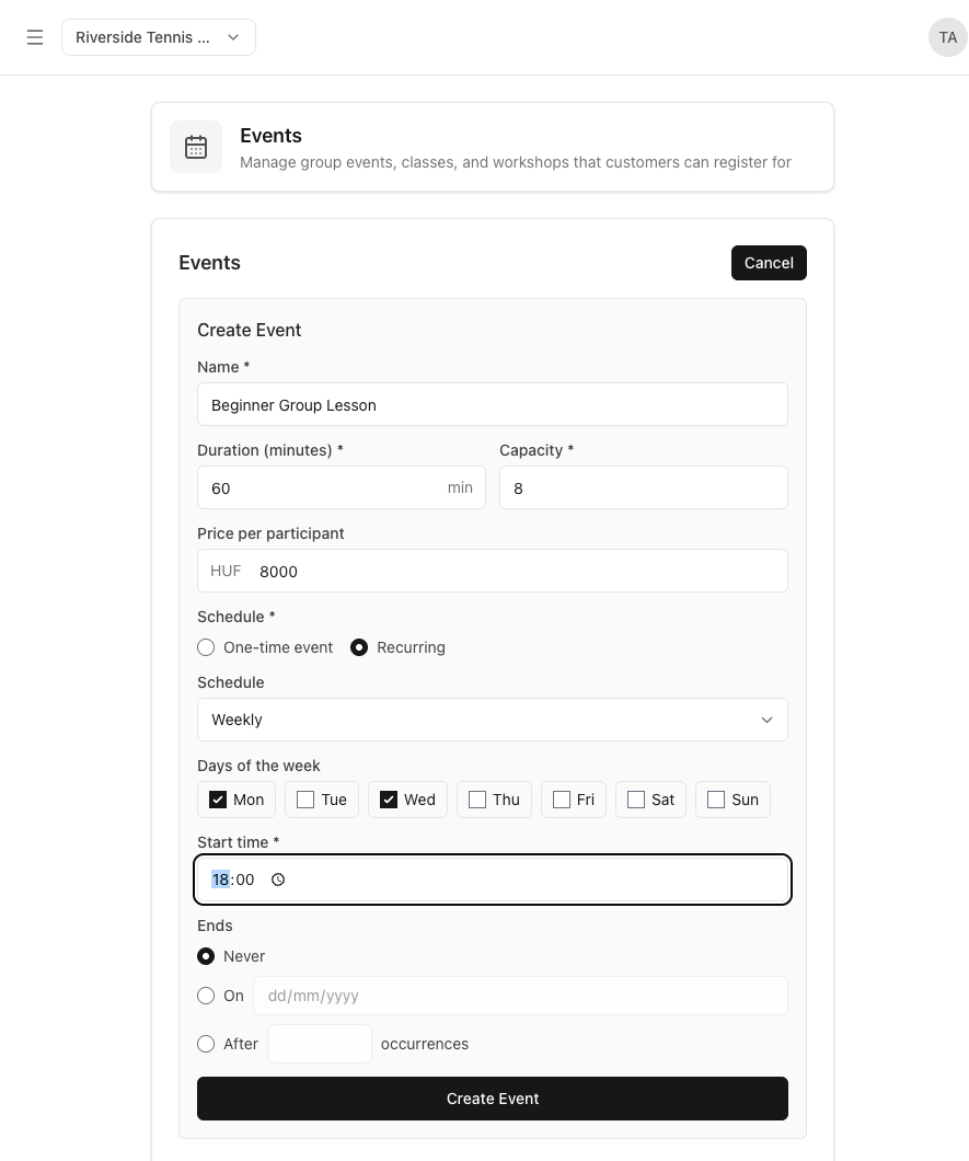 Admin event creation form with name 'Beginner Group Lesson', 60-minute duration, 8-person capacity, HUF 8,000 price, recurring weekly schedule on Mondays and Wednesdays at 18:00, with options to end never, on a date, or after a number of occurrences