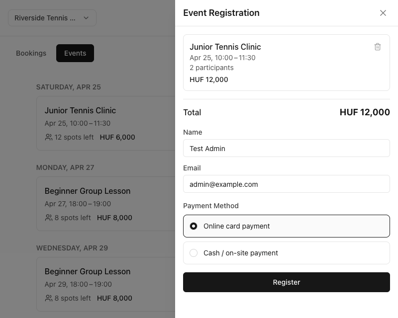 Event Registration side panel for Junior Tennis Clinic on April 25 with two participants and a HUF 12,000 total, fields for name and email, an online card vs cash payment toggle, and a Register button