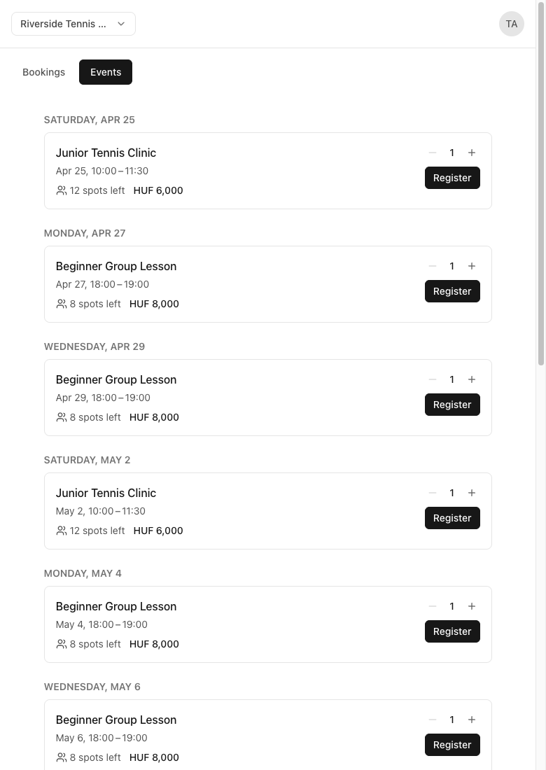 Customer-facing event schedule on the public booking page, with Bookings and Events tabs at the top and a list of upcoming events grouped by day, including Junior Tennis Clinic, Beginner Group Lesson and others, each card showing date, time, spots left, price, a seat selector, and a Register button