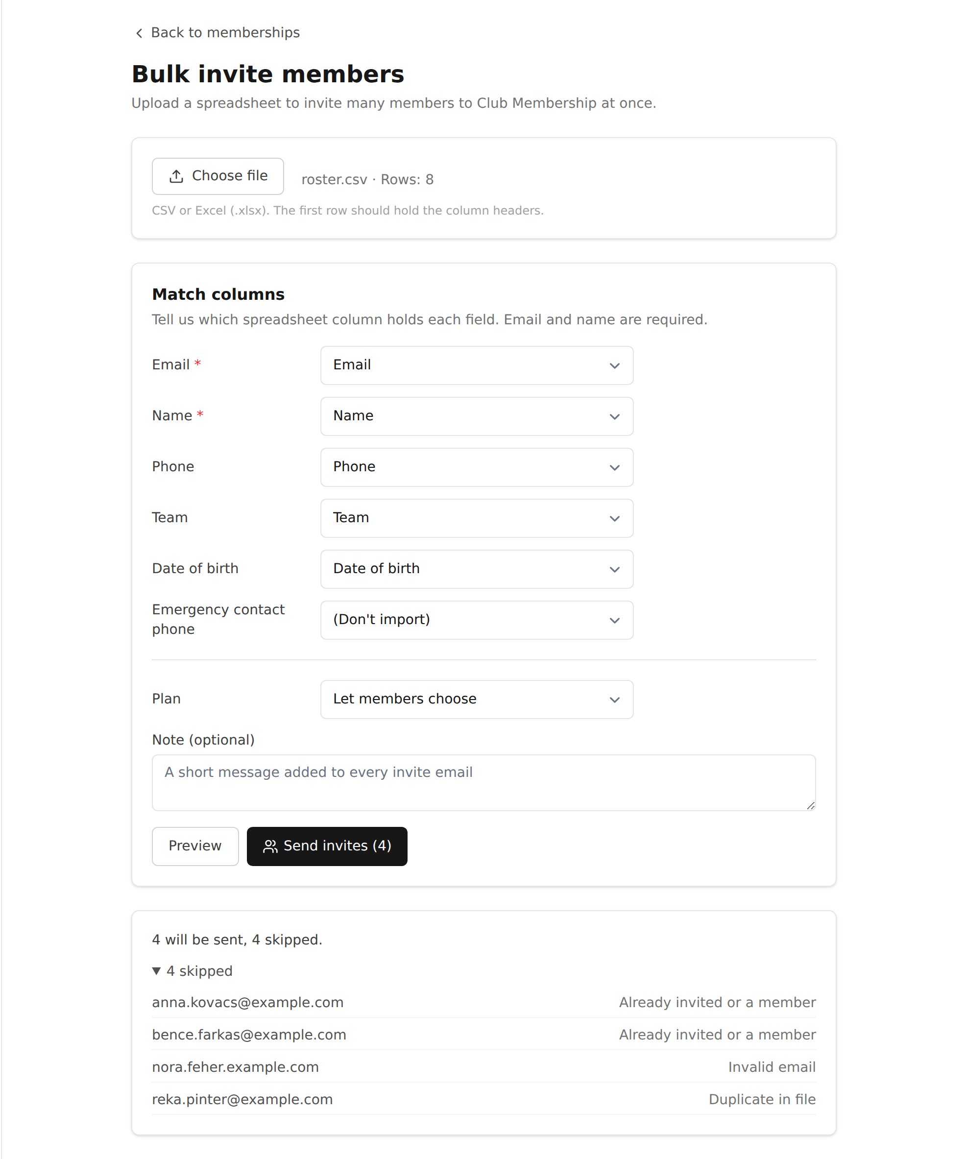 Bulk invite members page with an uploaded roster.csv, automatically matched columns for email, name, phone, team, and date of birth, and a preview reading '4 will be sent, 4 skipped' with per-row skip reasons: already invited or a member, invalid email, duplicate in file