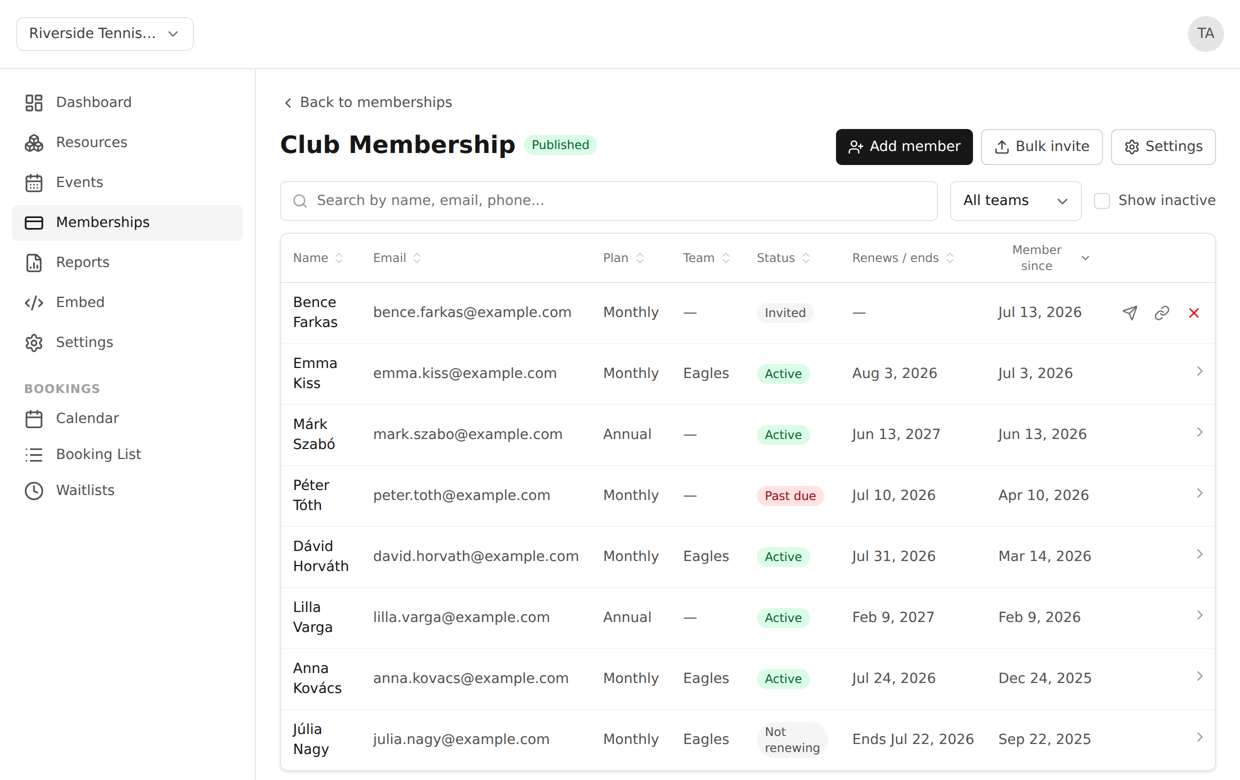 Admin member list for Club Membership with search, a team filter, and rows of members showing plan, team, status badges (Invited, Active, Past due, Not renewing), a Renews / ends column with dates, and member since dates
