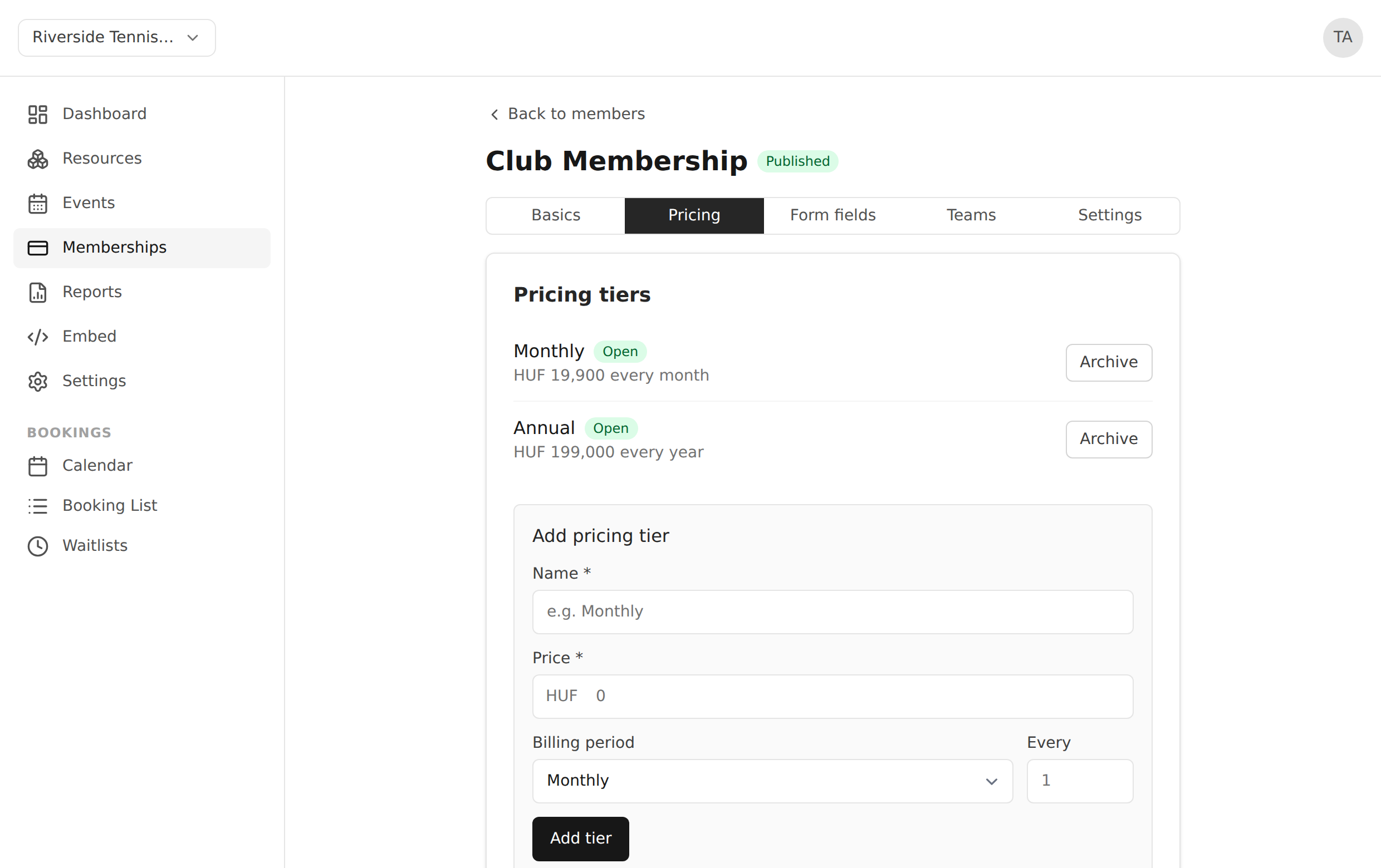 Admin membership editor for 'Club Membership' on the Pricing tab, showing an open Monthly tier at HUF 19,900 every month and an Annual tier at HUF 199,000 every year, plus a form to add a new pricing tier with name, price, and billing period