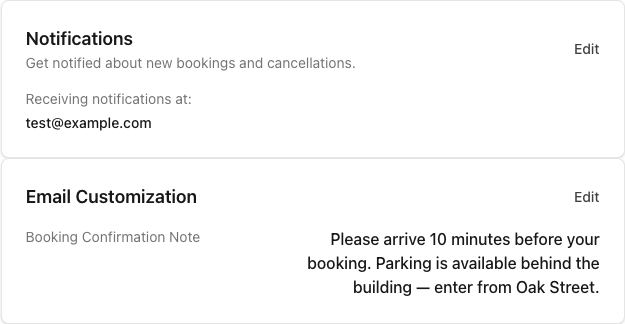 Organization settings showing the Notifications section with test@example.com configured, and the Email Customization section with a booking confirmation note about arriving early and parking